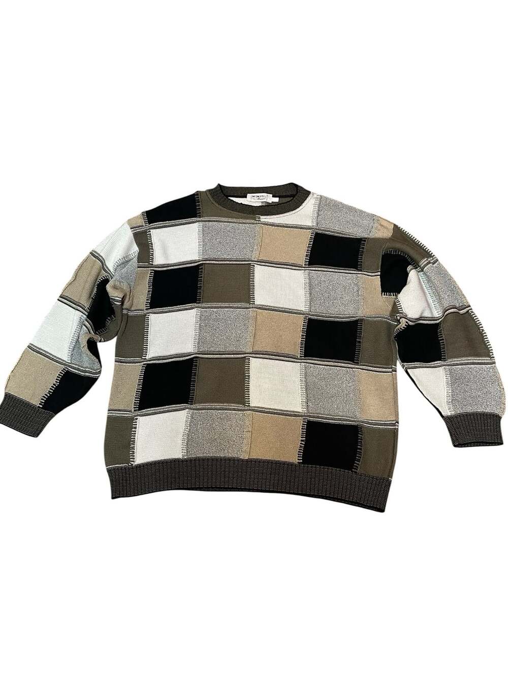 Vtg Mondo Di Marco Patchwork Knit Sweater Crewneck Earthtone Made In Italy Large